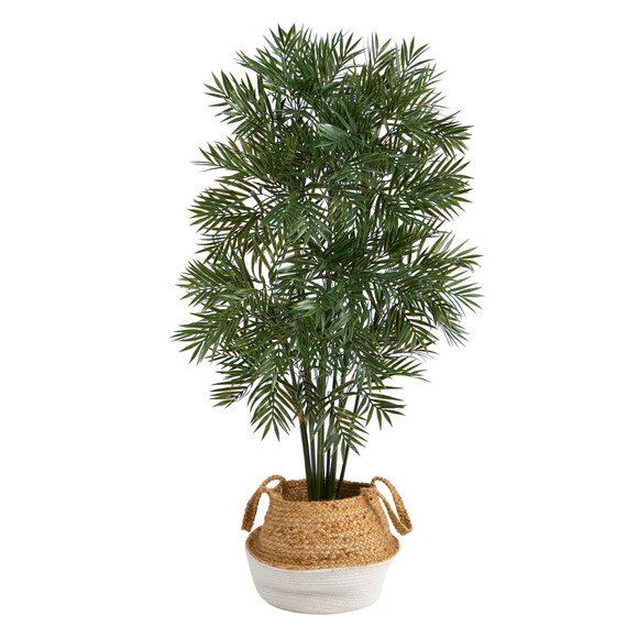 4 Parlor Palm Artificial Tree in Boho Chic Handmade Cotton Jute White Woven Planter - SKU #T2942 - 1