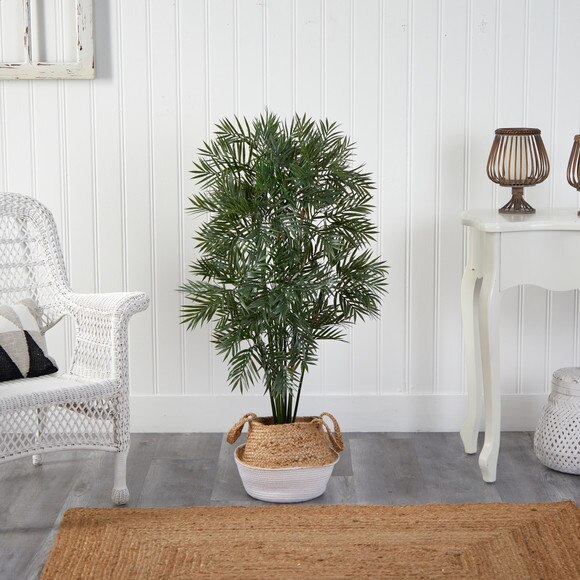 4 Parlor Palm Artificial Tree in Boho Chic Handmade Cotton Jute White Woven Planter - SKU #T2942 - 2