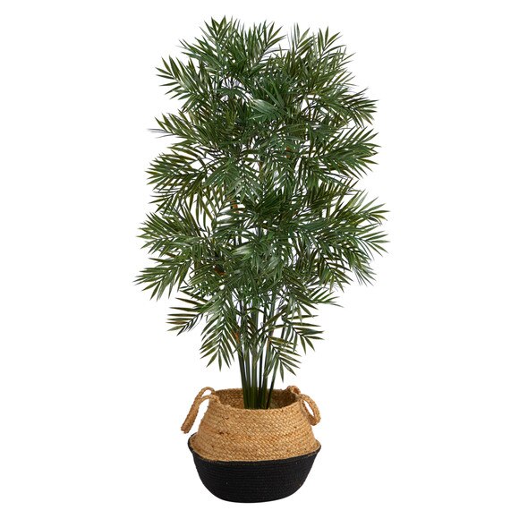 4 Parlor Palm Artificial Tree in Boho Chic Handmade Cotton Jute Black Woven Planter - SKU #T2943 - 1