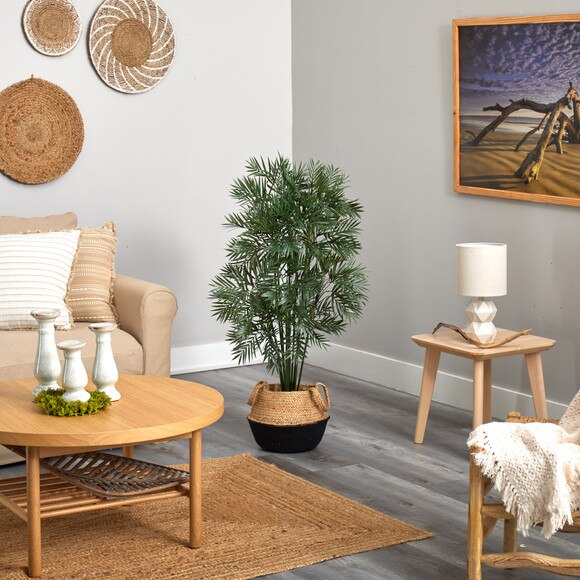 4 Parlor Palm Artificial Tree in Boho Chic Handmade Cotton Jute Black Woven Planter - SKU #T2943 - 3