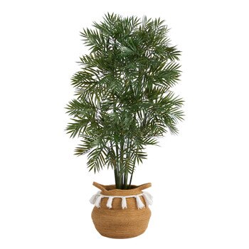 4 Parlor Palm Artificial Tree in Boho Chic Handmade Natural Cotton Woven Planter with Tassels - SKU #T2944