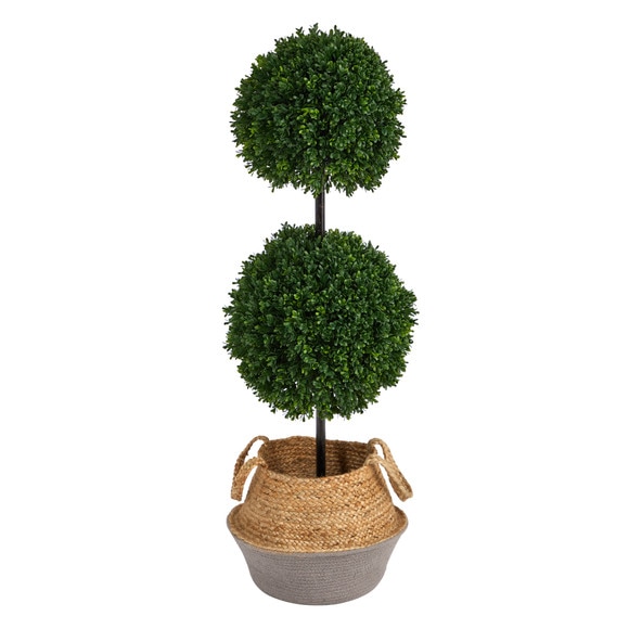 3.5 Boxwood Double Ball Topiary Tree in Boho Chic Handmade Cotton Jute Planter UV Resistant - SKU #T2945