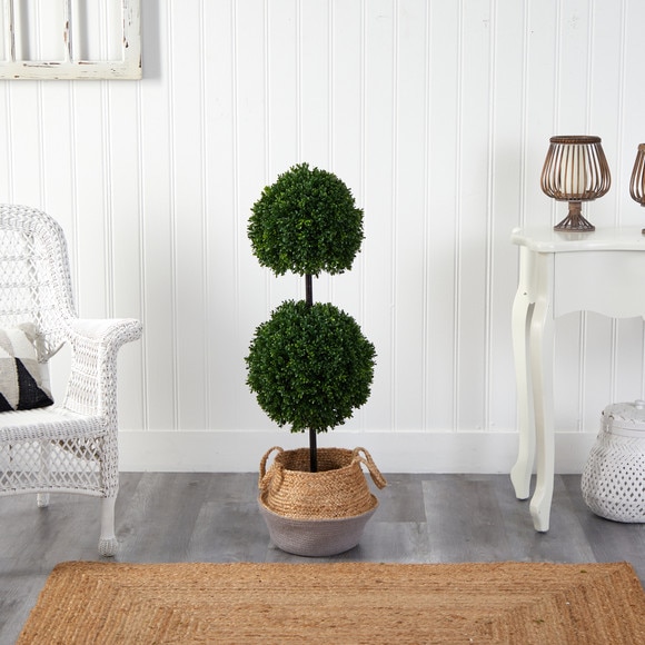 3.5 Boxwood Double Ball Topiary Tree in Boho Chic Handmade Cotton Jute Planter UV Resistant - SKU #T2945 - 2