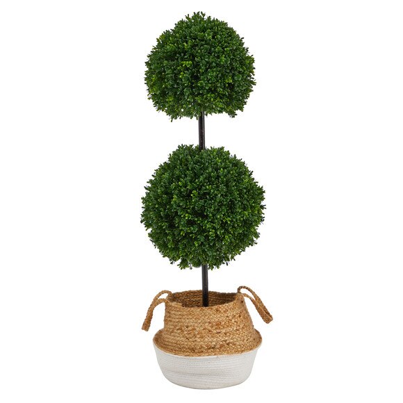 3.5 Boxwood Double Ball Topiary Tree in Boho Chic Handmade Cotton Jute Planter UV Resistant - SKU #T2947 - 1
