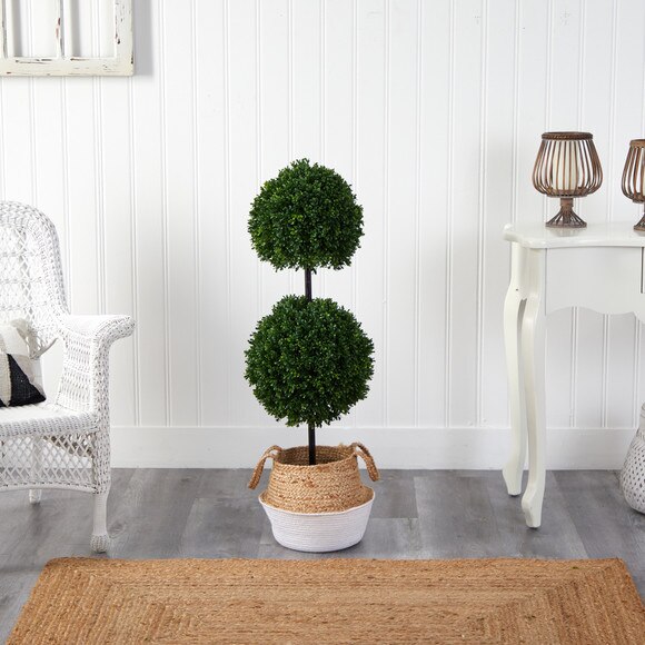 3.5 Boxwood Double Ball Topiary Tree in Boho Chic Handmade Cotton Jute Planter UV Resistant - SKU #T2947 - 2