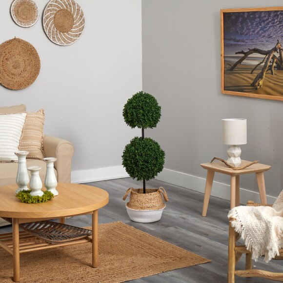 3.5 Boxwood Double Ball Topiary Tree in Boho Chic Handmade Cotton Jute Planter UV Resistant - SKU #T2947 - 3