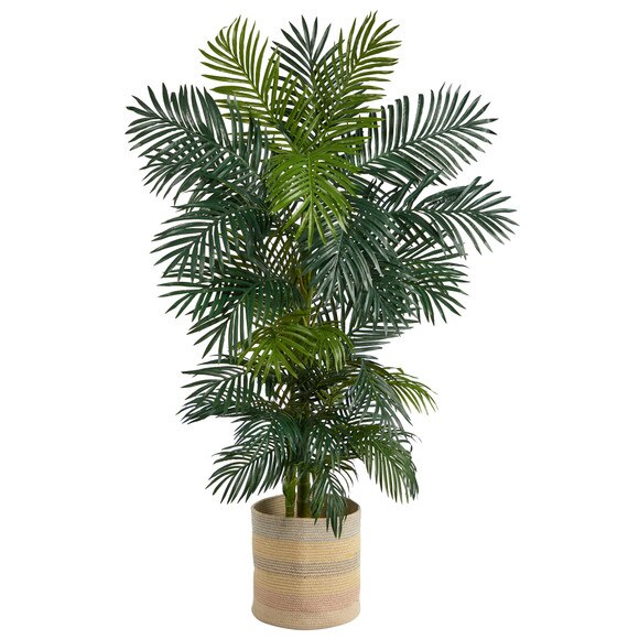6.5 Golden Cane Artificial Palm Tree in Handmade Natural Cotton Multicolored Woven Planter - SKU #T2965