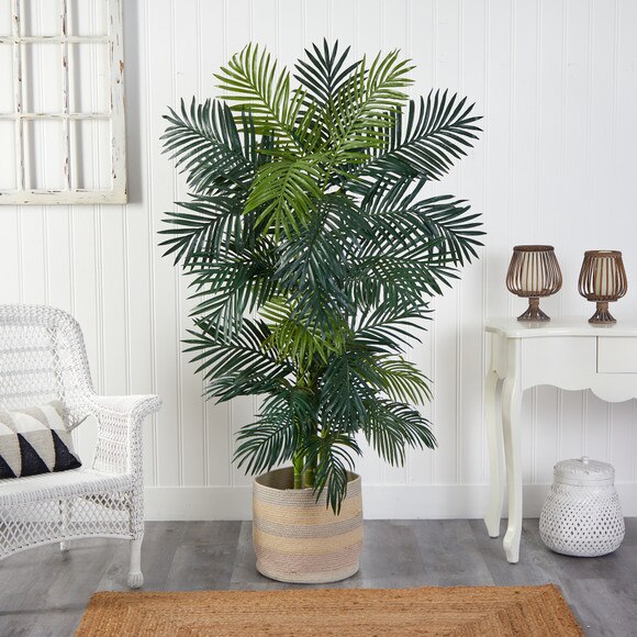 6.5 Golden Cane Artificial Palm Tree in Handmade Natural Cotton Multicolored Woven Planter - SKU #T2965 - 2