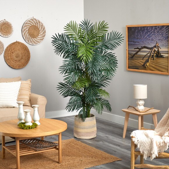 6.5 Golden Cane Artificial Palm Tree in Handmade Natural Cotton Multicolored Woven Planter - SKU #T2965 - 3