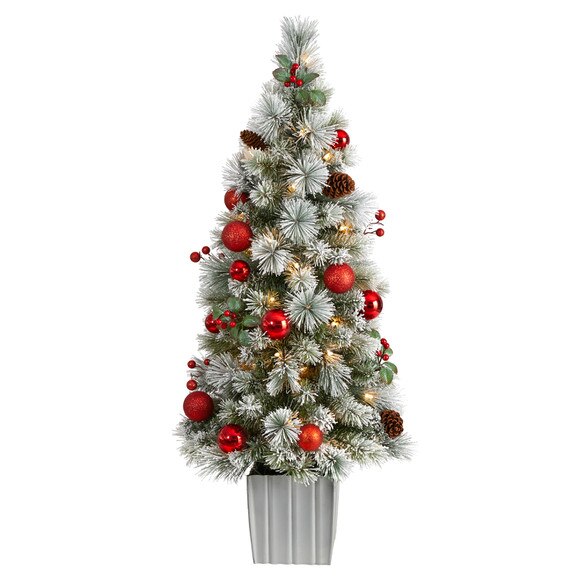 4 Winter Flocked Christmas Tree Pre-Lit with 50 LED Lights and Ornaments in Decorative Planter - SKU #T3036