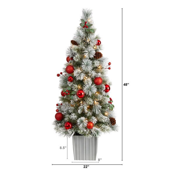 4 Winter Flocked Christmas Tree Pre-Lit with 50 LED Lights and Ornaments in Decorative Planter - SKU #T3036 - 1