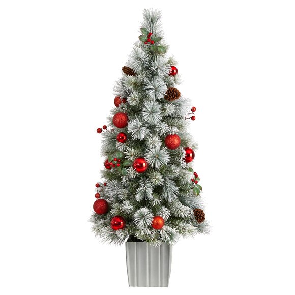 4 Winter Flocked Christmas Tree Pre-Lit with 50 LED Lights and Ornaments in Decorative Planter - SKU #T3036 - 2