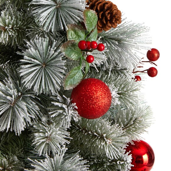 4 Winter Flocked Christmas Tree Pre-Lit with 50 LED Lights and Ornaments in Decorative Planter - SKU #T3036 - 4