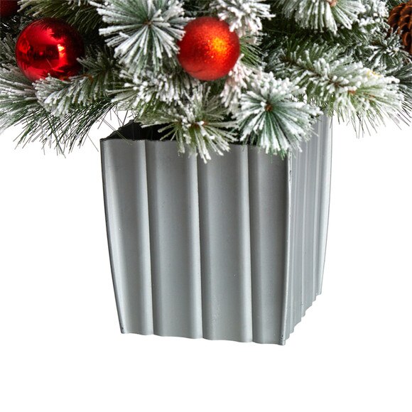 4 Winter Flocked Christmas Tree Pre-Lit with 50 LED Lights and Ornaments in Decorative Planter - SKU #T3036 - 5