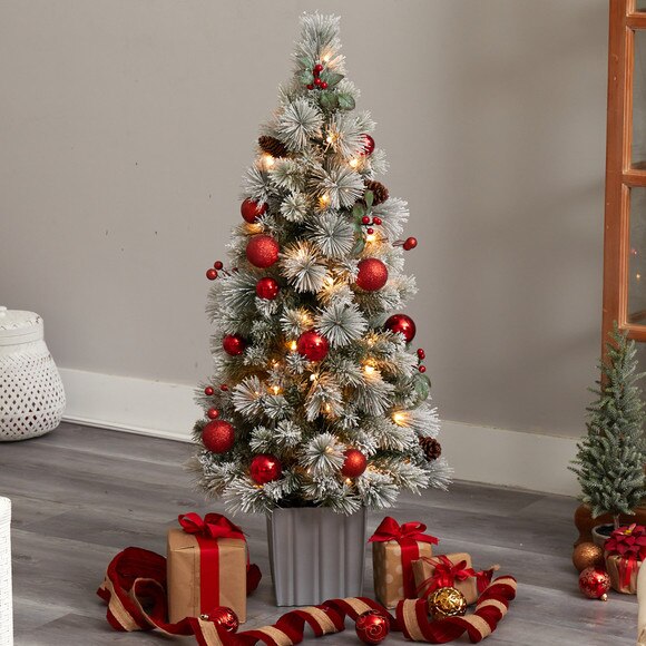 4 Winter Flocked Christmas Tree Pre-Lit with 50 LED Lights and Ornaments in Decorative Planter - SKU #T3036 - 6