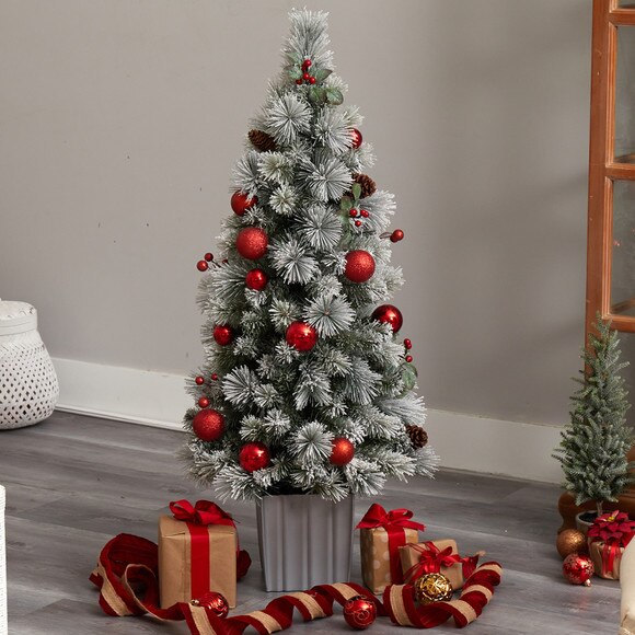 4 Winter Flocked Christmas Tree Pre-Lit with 50 LED Lights and Ornaments in Decorative Planter - SKU #T3036 - 7