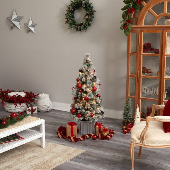 4 Winter Flocked Christmas Tree Pre-Lit with 50 LED Lights and Ornaments in Decorative Planter - SKU #T3036 - 8