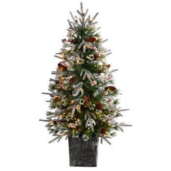 4 Frosted Artificial Christmas Tree Pre-Lit with 105 LED lights and Berries in Decorative Planter - SKU #T3037