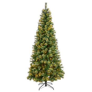 8 Wisconsin Slim Snow Tip Pine Christmas Tree with 600 Clear LED Lights and 908 Bendable Branches - SKU #T3050