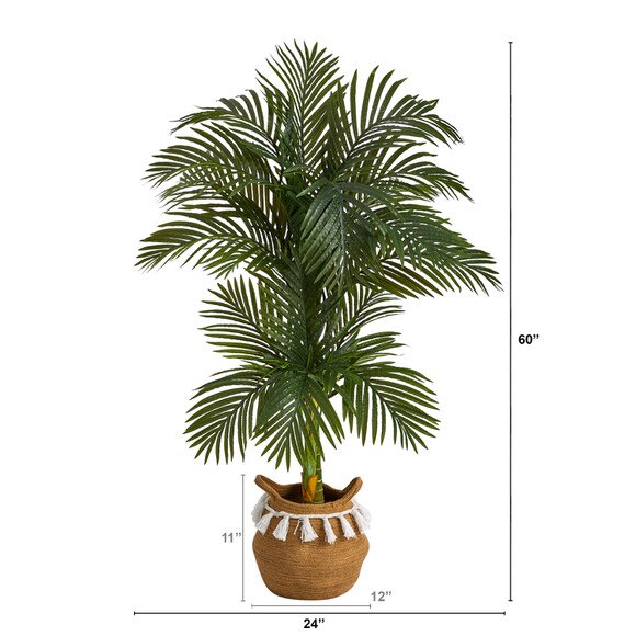 5 Artificial Double Stalk Golden Cane Palm Tree with Handmade Woven Cotton Basket - SKU #T3081 - 1