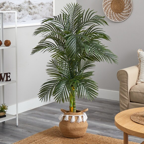 5 Artificial Double Stalk Golden Cane Palm Tree with Handmade Woven Cotton Basket - SKU #T3081 - 2