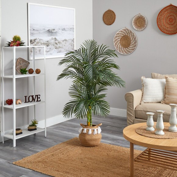 5 Artificial Double Stalk Golden Cane Palm Tree with Handmade Woven Cotton Basket - SKU #T3081 - 3