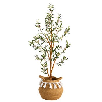 3.5 Artificial Olive Tree with Handmade Jute Cotton Basket with Tassels - SKU #T3137