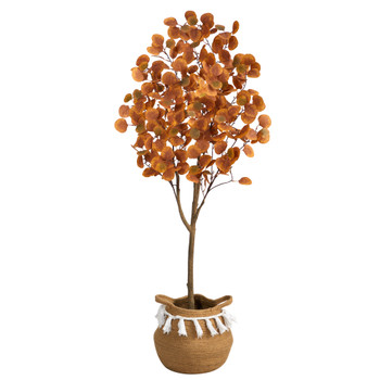 5 Artificial Autumn Eucalyptus Tree with Handmade Jute Cotton Basket with Tassels - SKU #T3207