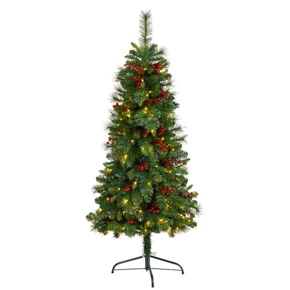 5 Flat Back Montreal Mountain Pine Tree with Pinecones Berries and 110 Warm White LED Lights - SKU #T3317