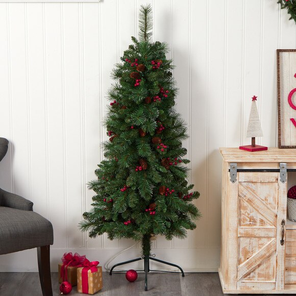 5 Flat Back Montreal Mountain Pine Tree with Pinecones Berries and 110 Warm White LED Lights - SKU #T3317 - 7