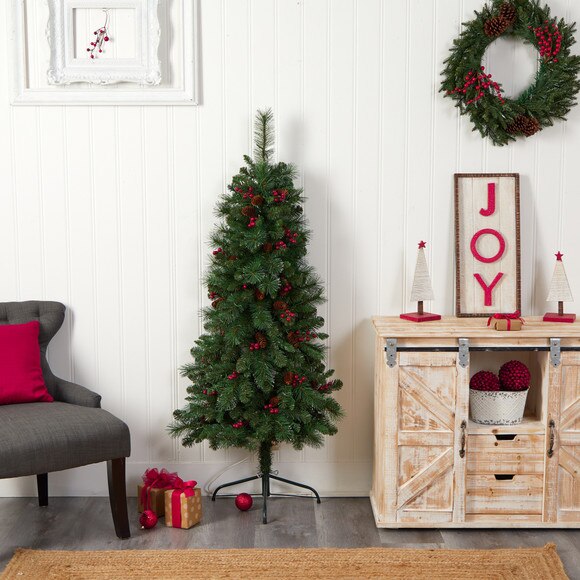 5 Flat Back Montreal Mountain Pine Tree with Pinecones Berries and 110 Warm White LED Lights - SKU #T3317 - 11