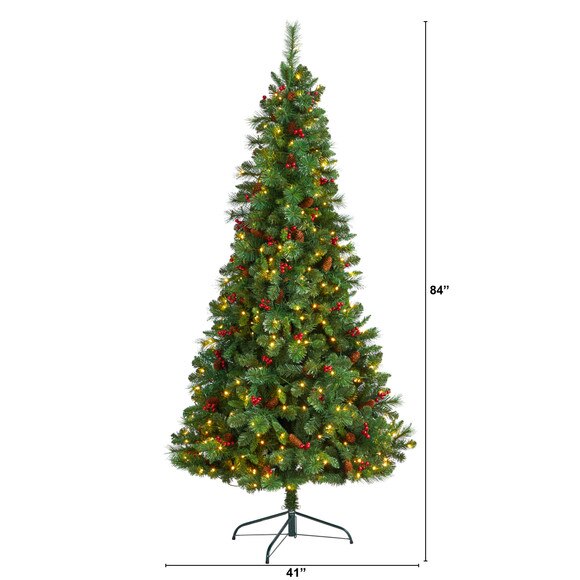 7 Flat Back Montreal Mountain Pine Tree with Pinecones Berries and 210 Warm White LED Lights - SKU #T3319 - 1