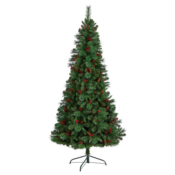 7 Flat Back Montreal Mountain Pine Tree with Pinecones Berries and 210 Warm White LED Lights - SKU #T3319 - 2