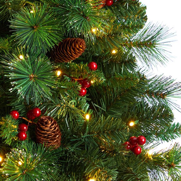 7 Flat Back Montreal Mountain Pine Tree with Pinecones Berries and 210 Warm White LED Lights - SKU #T3319 - 3