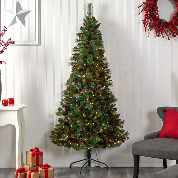 7 Flat Back Montreal Mountain Pine Tree with Pinecones Berries and 210 Warm White LED Lights - SKU #T3319 - 6