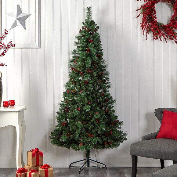 7 Flat Back Montreal Mountain Pine Tree with Pinecones Berries and 210 Warm White LED Lights - SKU #T3319 - 7