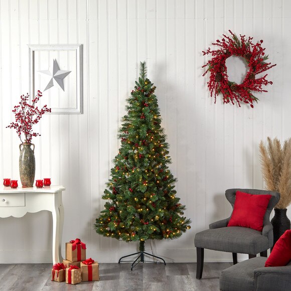 7 Flat Back Montreal Mountain Pine Tree with Pinecones Berries and 210 Warm White LED Lights - SKU #T3319 - 8