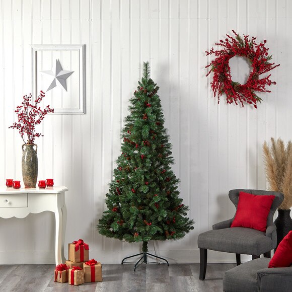 7 Flat Back Montreal Mountain Pine Tree with Pinecones Berries and 210 Warm White LED Lights - SKU #T3319 - 9