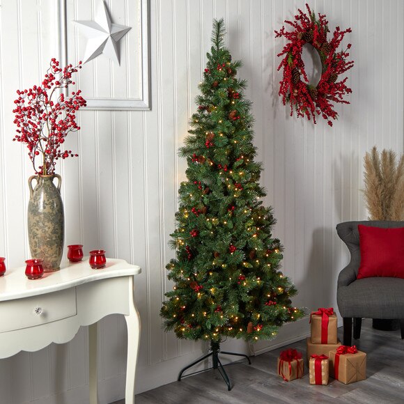 7 Flat Back Montreal Mountain Pine Tree with Pinecones Berries and 210 Warm White LED Lights - SKU #T3319 - 10