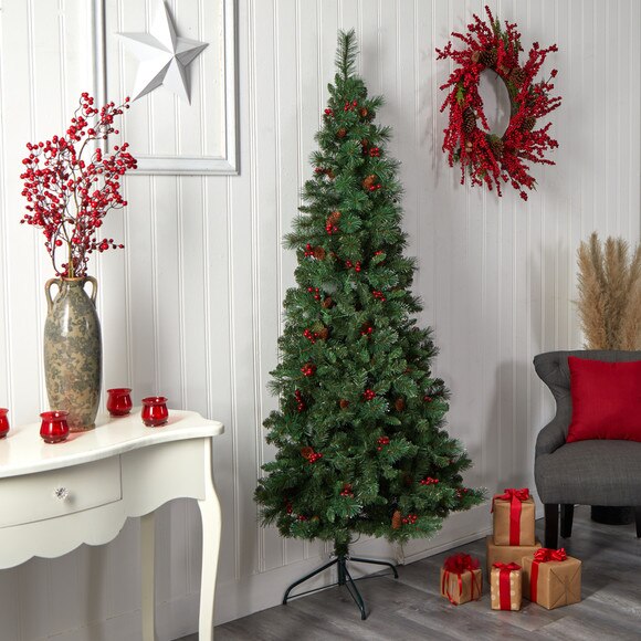 7 Flat Back Montreal Mountain Pine Tree with Pinecones Berries and 210 Warm White LED Lights - SKU #T3319 - 11
