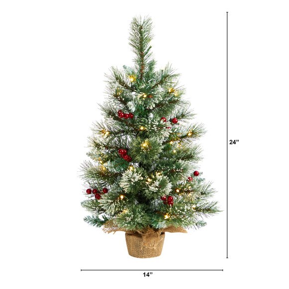 2 Snow Tipped Pine and Berry Artificial Christmas Tree with 35 Warm White LED Lights in Burlap Base - SKU #T3326 - 1