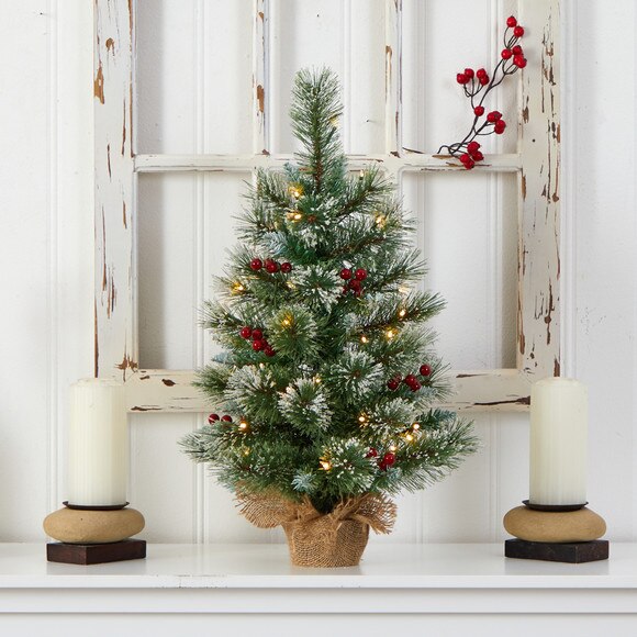 2 Snow Tipped Pine and Berry Artificial Christmas Tree with 35 Warm White LED Lights in Burlap Base - SKU #T3326 - 3