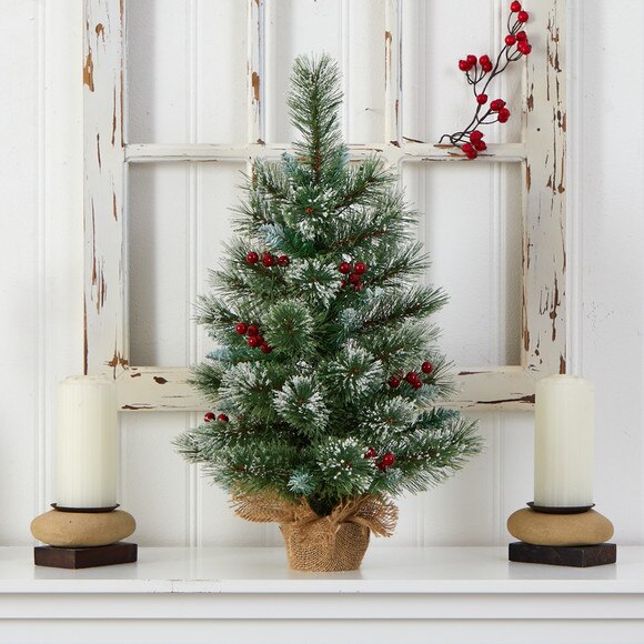 2 Snow Tipped Pine and Berry Artificial Christmas Tree with 35 Warm White LED Lights in Burlap Base - SKU #T3326 - 4