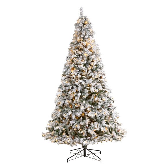 9 Flocked White River Mountain Pine Christmas Tree with Pinecones and 650 Clear LED Lights - SKU #T3384