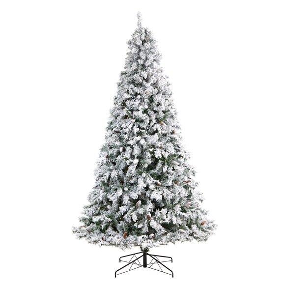 9 Flocked White River Mountain Pine Christmas Tree with Pinecones and 650 Clear LED Lights - SKU #T3384 - 2