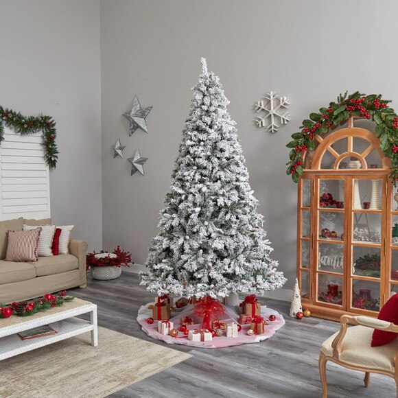 9 Flocked White River Mountain Pine Christmas Tree with Pinecones and 650 Clear LED Lights - SKU #T3384 - 9