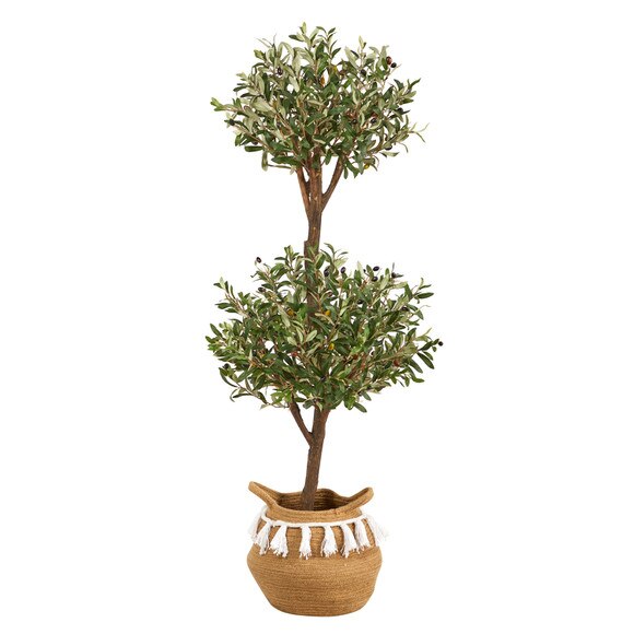 4.5 Artificial Olive Double Topiary 5 Artificial Bougainvillea Tree with Handmade Jute Cotton Basket with Tassels - SKU #T3495