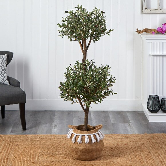 4.5 Artificial Olive Double Topiary 5 Artificial Bougainvillea Tree with Handmade Jute Cotton Basket with Tassels - SKU #T3495 - 2