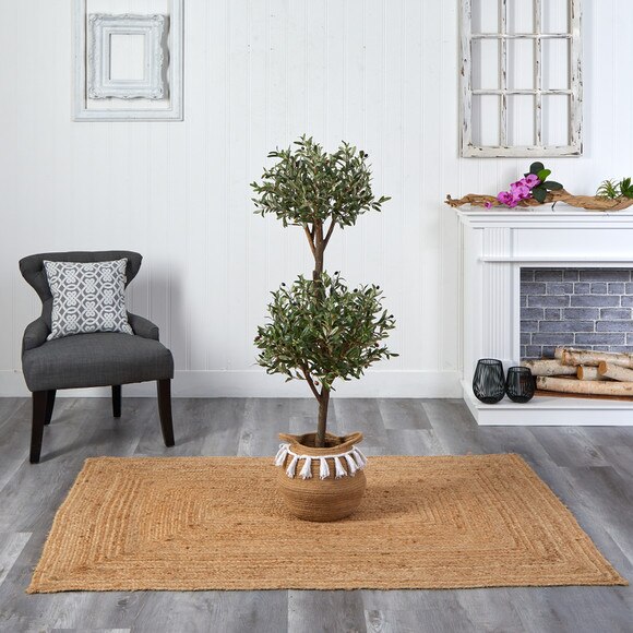 4.5 Artificial Olive Double Topiary 5 Artificial Bougainvillea Tree with Handmade Jute Cotton Basket with Tassels - SKU #T3495 - 3