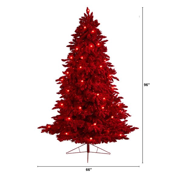 8 Red Flocked Fraser Fir Tree with 700 Red Lights 45 Globe Bulbs and 1468 Bendable Branches - SKU #T3511 - 1